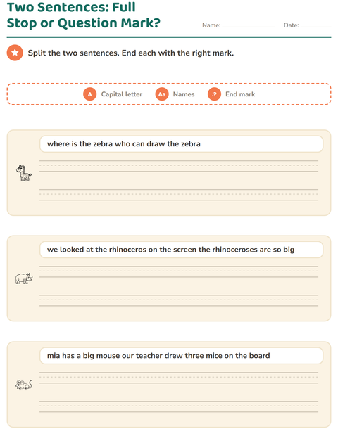 Preview of Capital Letters and Punctuation worksheet featuring Animals BW 2 for grade 2