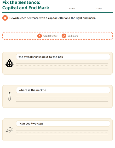 Preview of Capital Letters and Punctuation worksheet featuring Apparel BW for grade 2