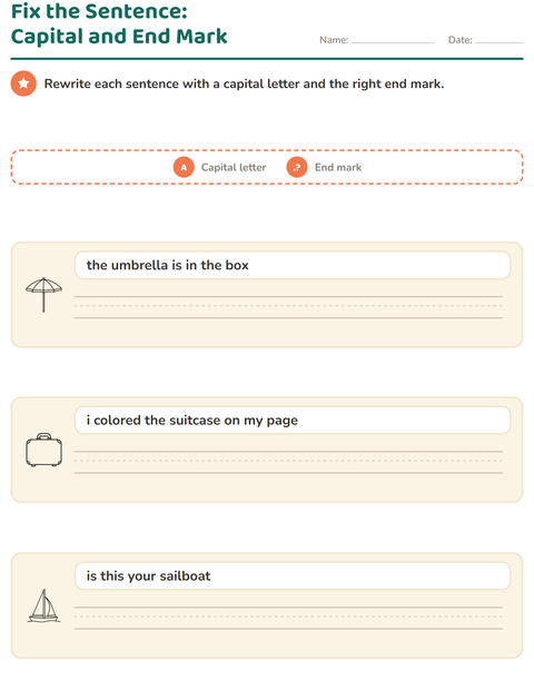 Preview of Capital Letters and Punctuation worksheet featuring Beach BW for grade 2