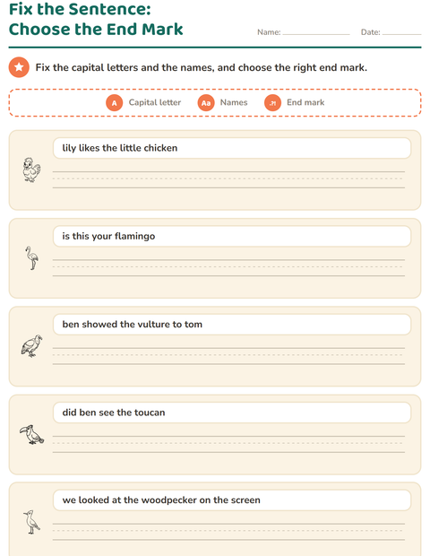 Preview of Capital Letters and Punctuation worksheet featuring Birds BW for grade 2