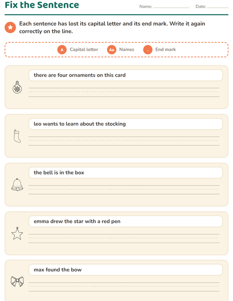 Preview of Capital Letters and Punctuation worksheet featuring Christmas B&W for grade 2
