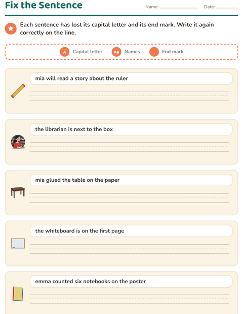 Preview of Capital Letters and Punctuation worksheet featuring Classroom for grade 2