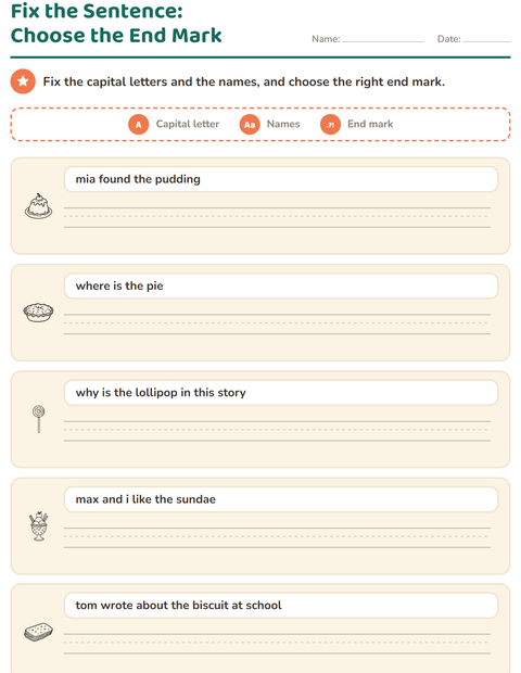 Preview of Capital Letters and Punctuation worksheet featuring Dessert (B&W) for grade 2