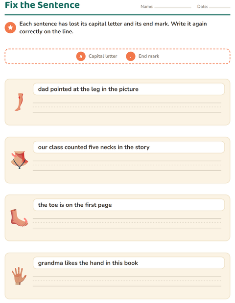 Preview of Capital Letters and Punctuation worksheet featuring Body Parts for grade 2