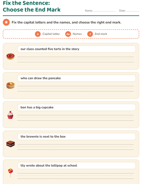 Preview of Capital Letters and Punctuation worksheet featuring Desserts and Sweets for grade 2