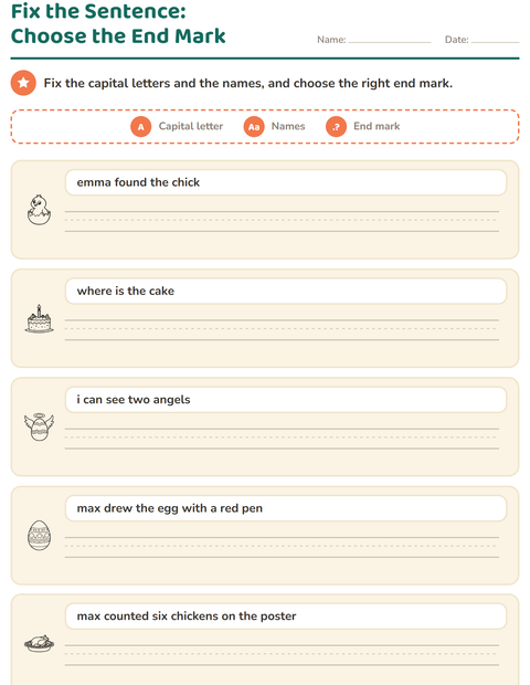 Preview of Capital Letters and Punctuation worksheet featuring Easter BW 2 for grade 2