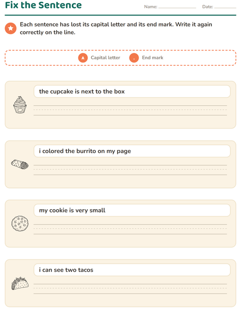 Preview of Capital Letters and Punctuation worksheet featuring Food BW for grade 2