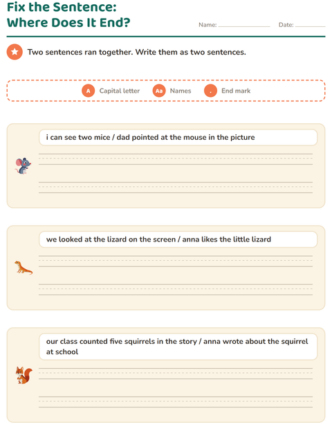 Preview of Capital Letters and Punctuation worksheet featuring Forest Creatures for grade 2
