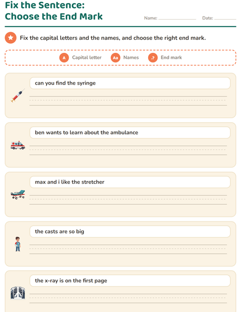 Preview of Capital Letters and Punctuation worksheet featuring Hospital for grade 2