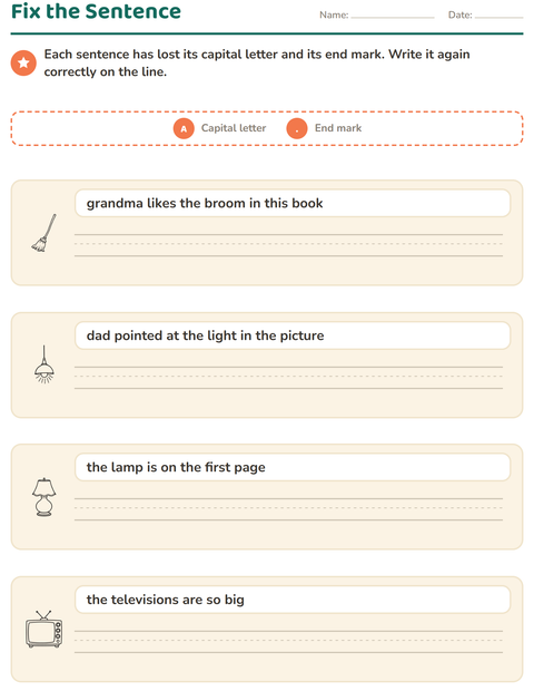 Preview of Capital Letters and Punctuation worksheet featuring Household BW for grade 2