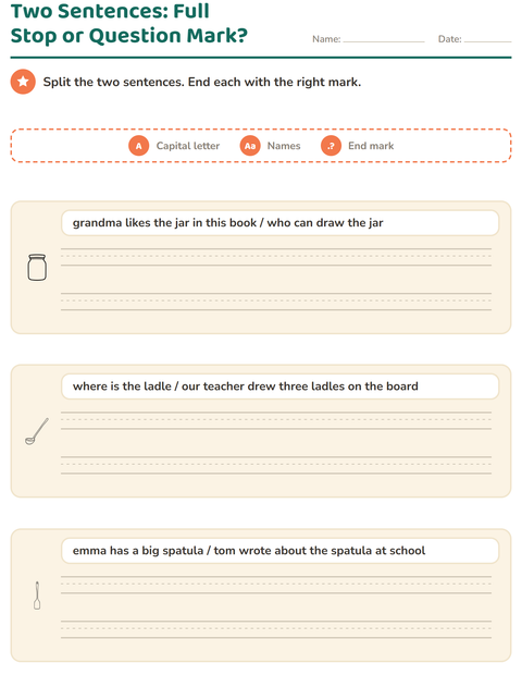 Preview of Capital Letters and Punctuation worksheet featuring Kitchen BW for grade 2