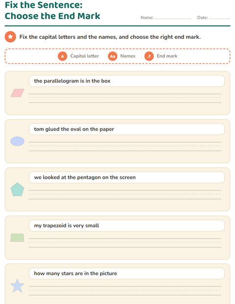 Preview of Capital Letters and Punctuation worksheet featuring Shapes for grade 2