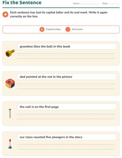 Preview of Capital Letters and Punctuation worksheet featuring Tools for grade 2