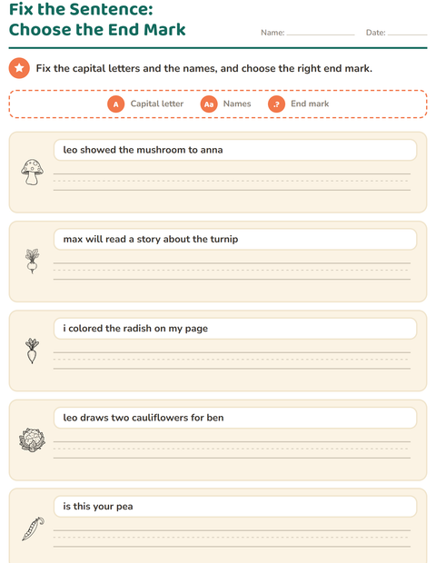 Preview of Capital Letters and Punctuation worksheet featuring Vegetables BW 2 for grade 2