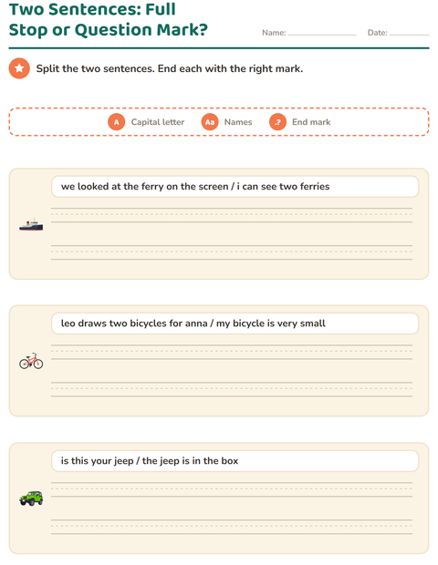 Preview of Capital Letters and Punctuation worksheet featuring Vehicles for grade 2
