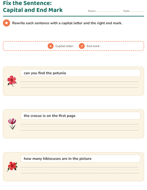Preview of Capital Letters and Punctuation worksheet featuring Flowers for grade 2