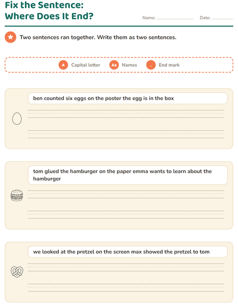 Preview of Capital Letters and Punctuation worksheet featuring Food BW 3 for grade 2