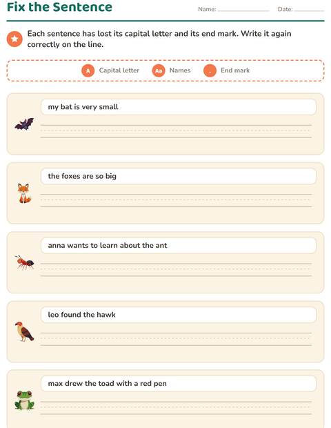 Preview of Capital Letters and Punctuation worksheet featuring Forest Creatures for grade 2