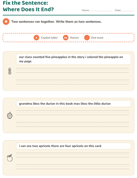 Preview of Capital Letters and Punctuation worksheet featuring Fruits BW for grade 2