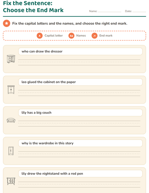 Preview of Capital Letters and Punctuation worksheet featuring Furniture BW for grade 2