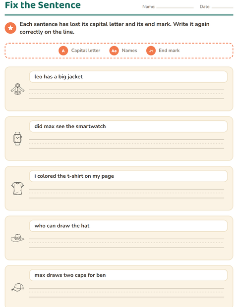 Preview of Capital Letters and Punctuation worksheet featuring Apparel BW for grade 2