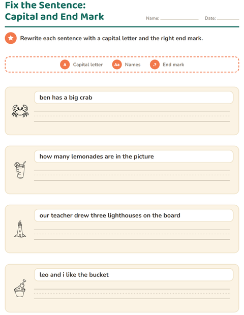 Preview of Capital Letters and Punctuation worksheet featuring Beach BW for grade 2