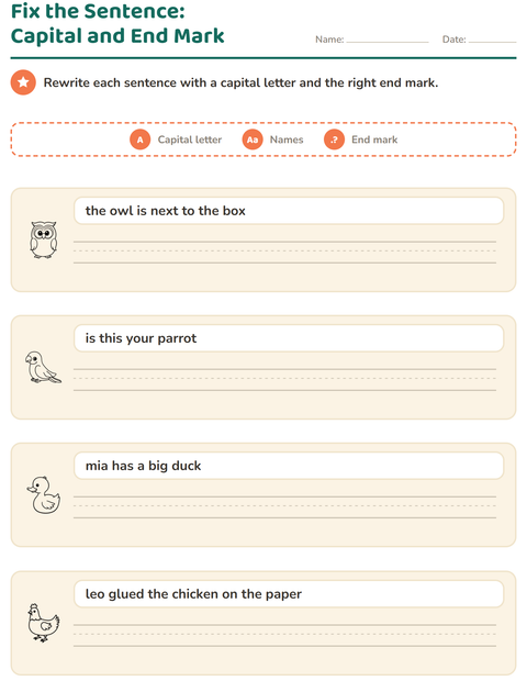 Preview of Capital Letters and Punctuation worksheet featuring Birds BW 2 for grade 2