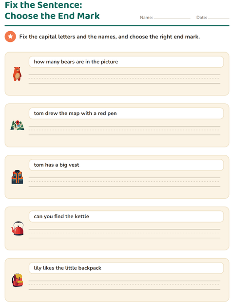 Preview of Capital Letters and Punctuation worksheet featuring Camping for grade 2