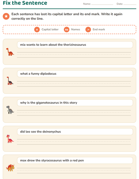 Preview of Capital Letters and Punctuation worksheet featuring Dinosaurs for grade 2
