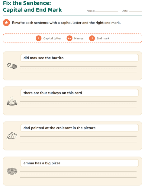 Preview of Capital Letters and Punctuation worksheet featuring Food BW for grade 2