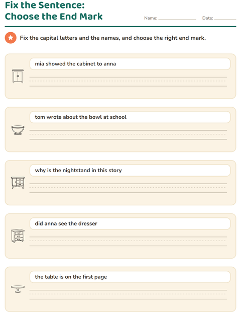 Preview of Capital Letters and Punctuation worksheet featuring Furniture BW for grade 2
