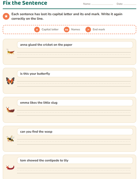 Preview of Capital Letters and Punctuation worksheet featuring Insects and Bugs for grade 2