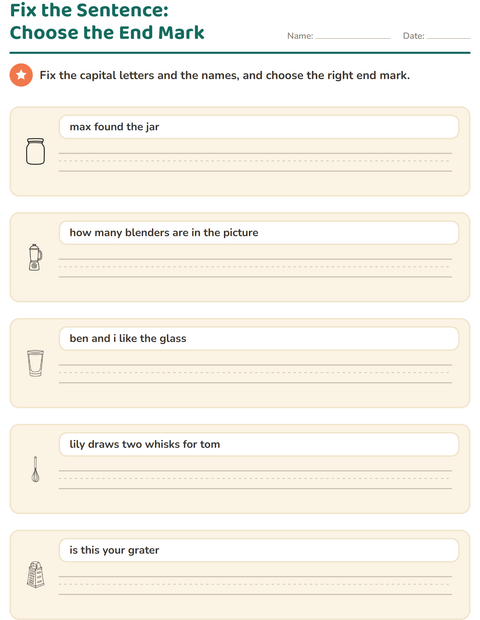 Preview of Capital Letters and Punctuation worksheet featuring Kitchen BW for grade 2