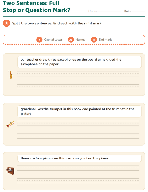 Preview of Capital Letters and Punctuation worksheet featuring Music for grade 2
