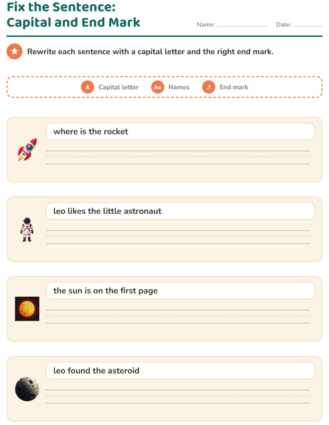 Preview of Capital Letters and Punctuation worksheet featuring Space for grade 2