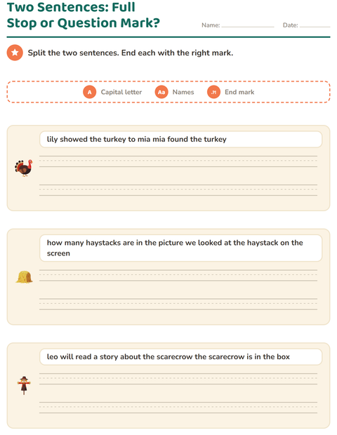 Preview of Capital Letters and Punctuation worksheet featuring Thanksgiving for grade 2