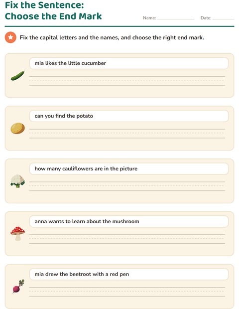 Preview of Capital Letters and Punctuation worksheet featuring Vegetables for grade 2