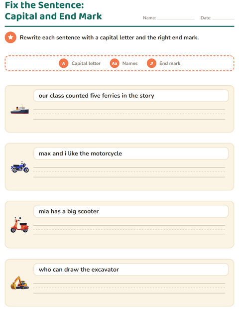 Preview of Capital Letters and Punctuation worksheet featuring Vehicles for grade 2