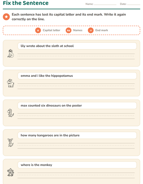 Preview of Capital Letters and Punctuation worksheet featuring Zoo Animals BW for grade 2