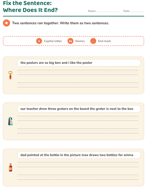 Preview of Capital Letters and Punctuation worksheet featuring Kitchen Tools for grade 2
