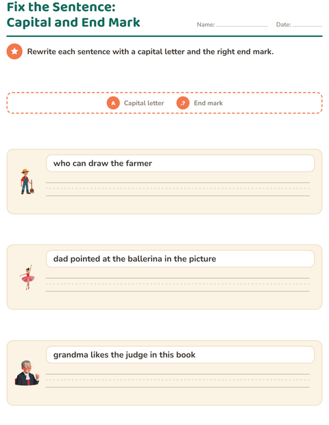 Preview of Capital Letters and Punctuation worksheet featuring Occupations for grade 2