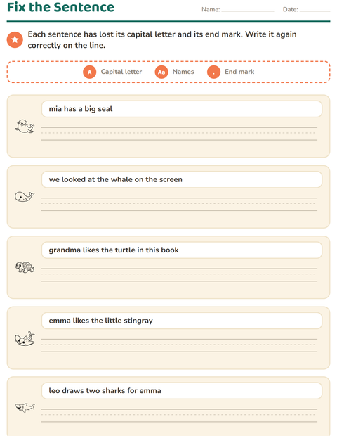 Preview of Capital Letters and Punctuation worksheet featuring Sea Life BW 2 for grade 2