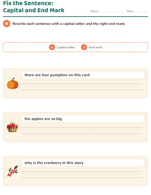 Preview of Capital Letters and Punctuation worksheet featuring Thanksgiving for grade 2