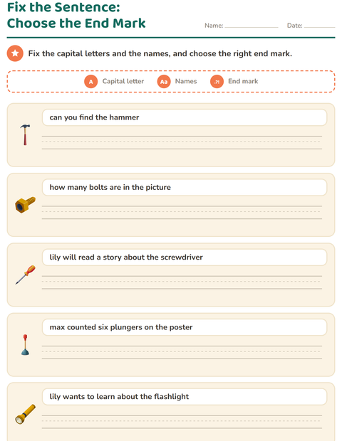 Preview of Capital Letters and Punctuation worksheet featuring Tools for grade 2