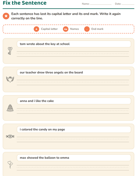 Preview of Capital Letters and Punctuation worksheet featuring Valentine BW for grade 2