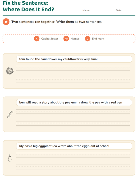 Preview of Capital Letters and Punctuation worksheet featuring Vegetables BW 2 for grade 2