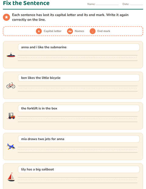 Fix the Sentence: Capital Letters and Punctuation Practice