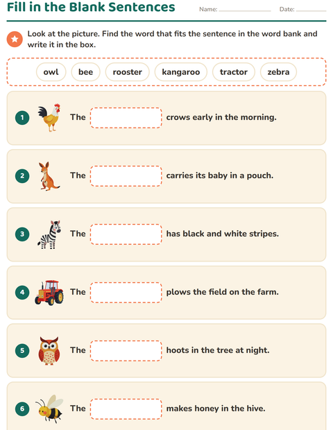 Preview of Fill in the Missing Word worksheet for grade 1