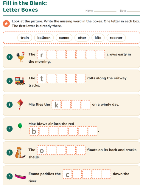 Preview of Fill in the Missing Word worksheet for grade 1