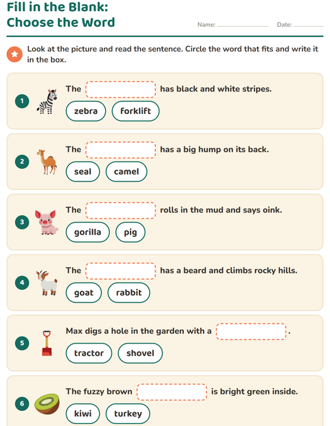 Preview of Fill in the Missing Word worksheet for grade 1
